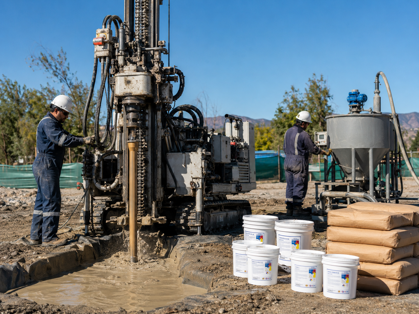 Máquina de perforación geotécnica en Chile trabajando con lodo, estanque mezclador, baldes de aditivos y sacos de bentonita.